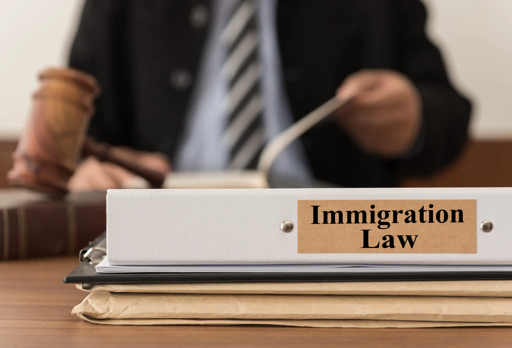 immigration law close up lawsuit folder of immigration law with the judge is considering a lawsuit in background. concept of immigration law.